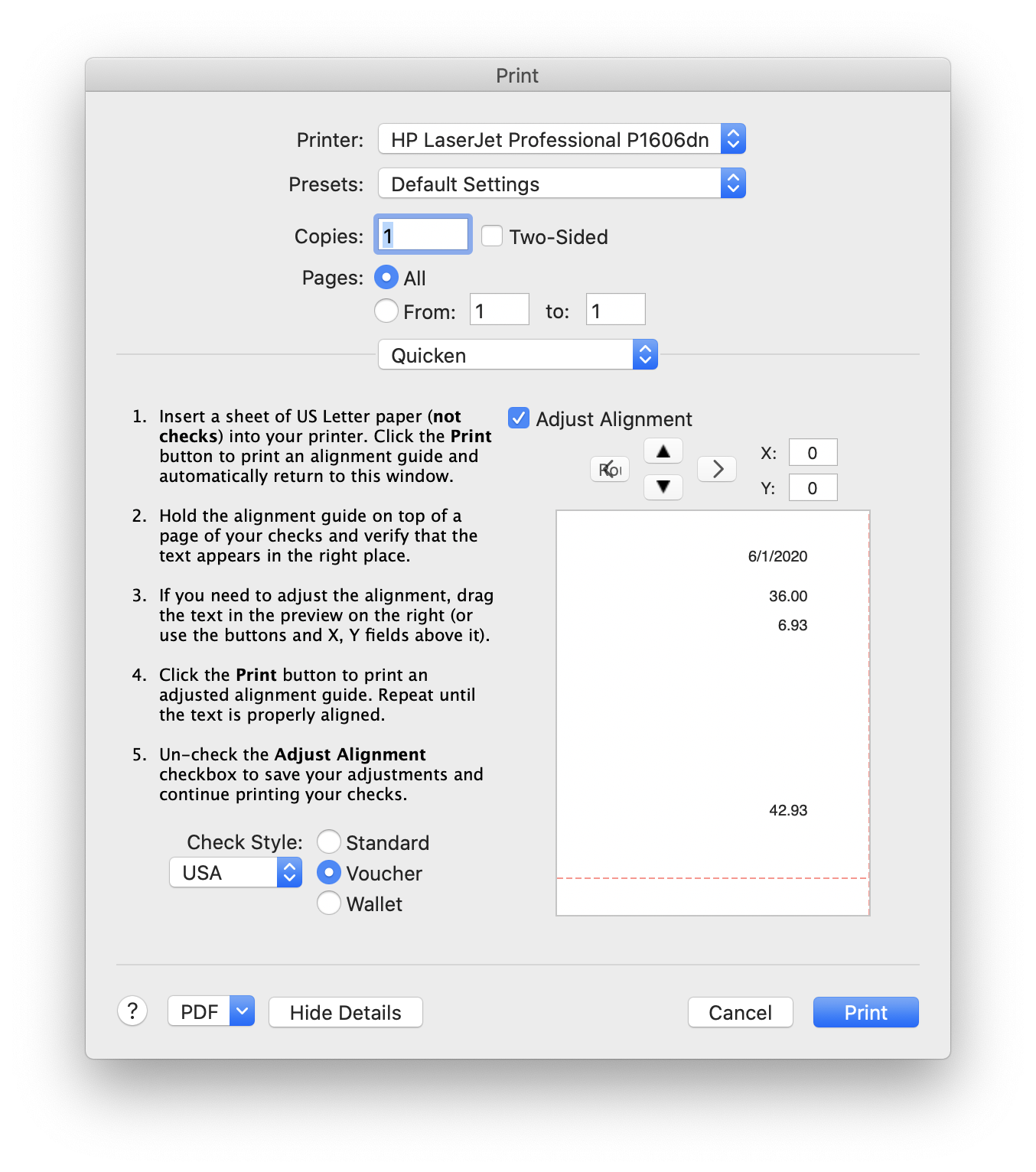 quikcken for mac 2017 change the default printer